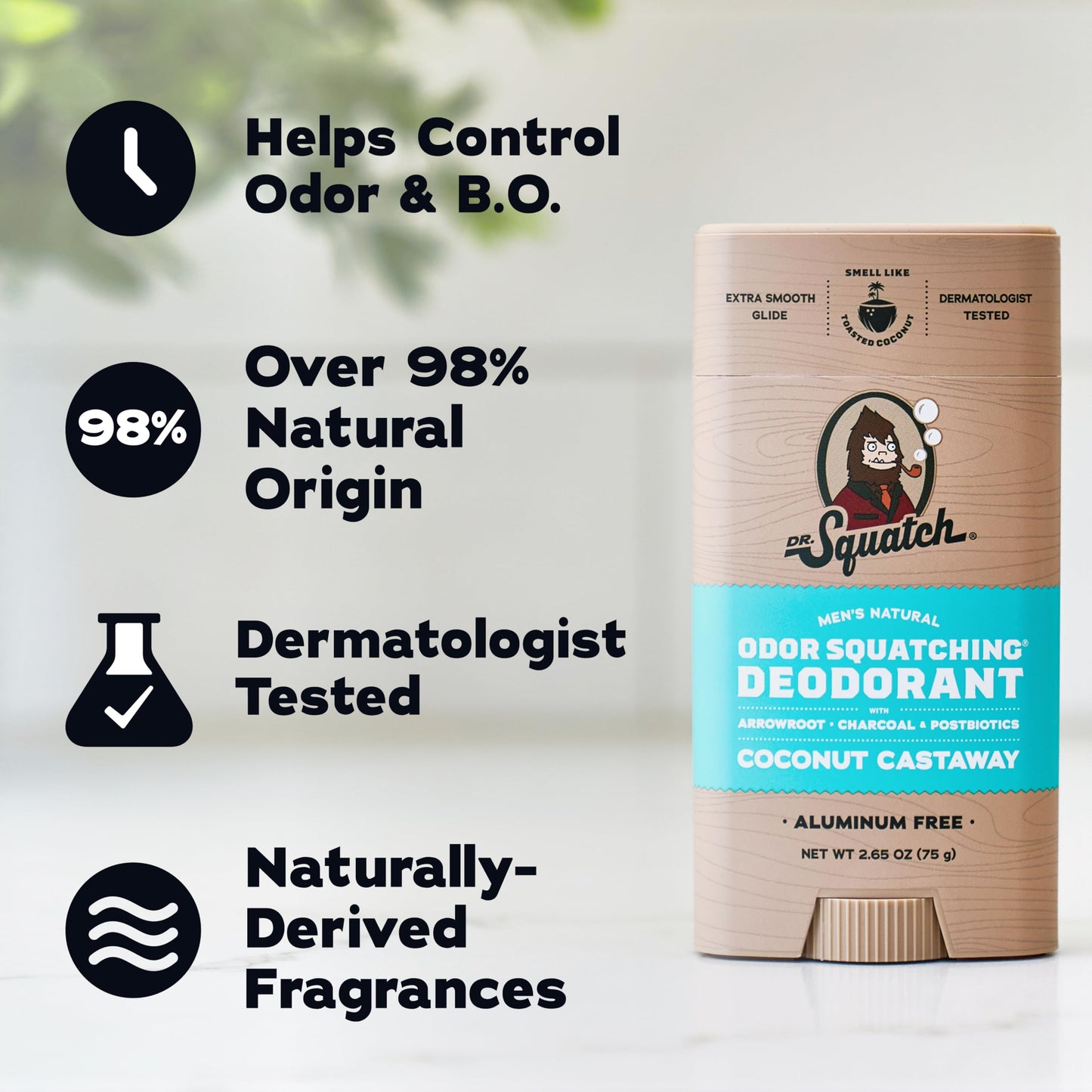 Dr. Squatch Natural Men’s Deodorant – Aluminum Free Natural Deodorant Men with Charcoal & Postbiotics for 72-Hour Odor Protection – Coconut Castaway, 2.65oz Stick (3-Pack)
