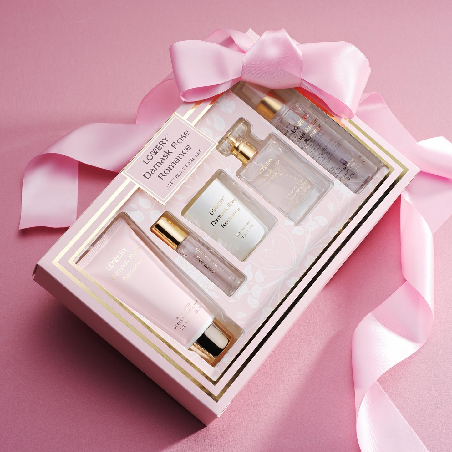 Womens Gift, Birthday Gifts for Mom, Self Care Gifts for Women, Damask Rose Romance Spa Kit with Soy Candle, Perfume Roll On, Body Lotion, Body Mist & Eau de Parfum - Bath & Body Care Set