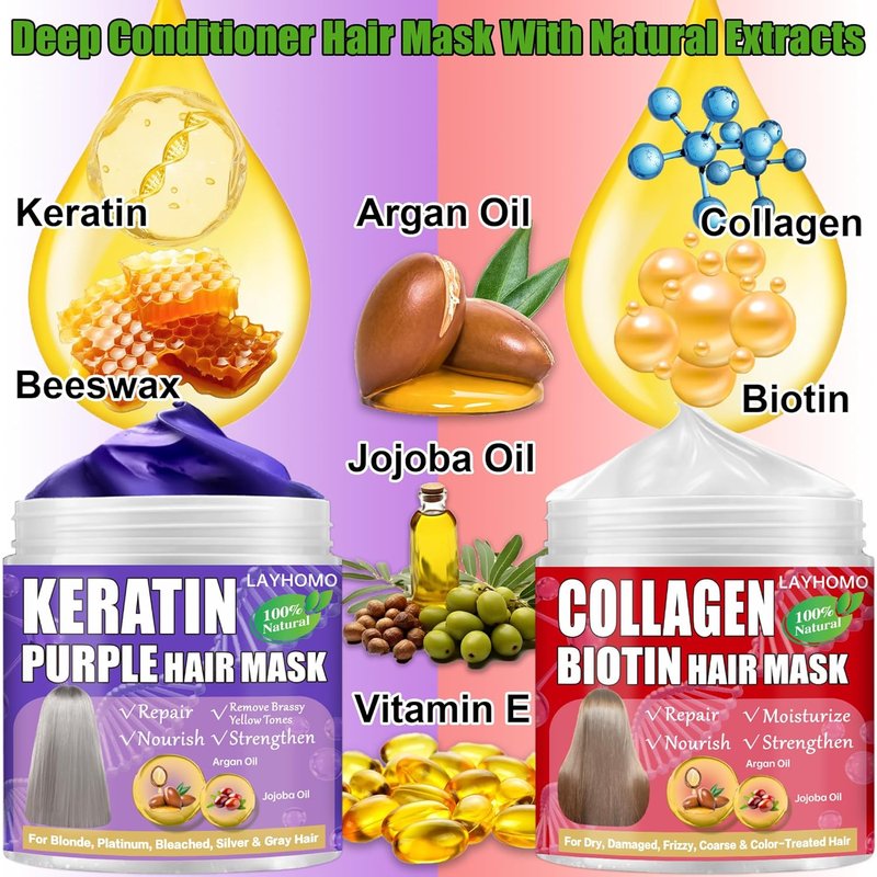Keratin Hair Treatment - Purple Hair Mask for Blonde & Bleached Hair | Collagen & Biotin Deep Conditioner with Argan & Jojoba Oil
