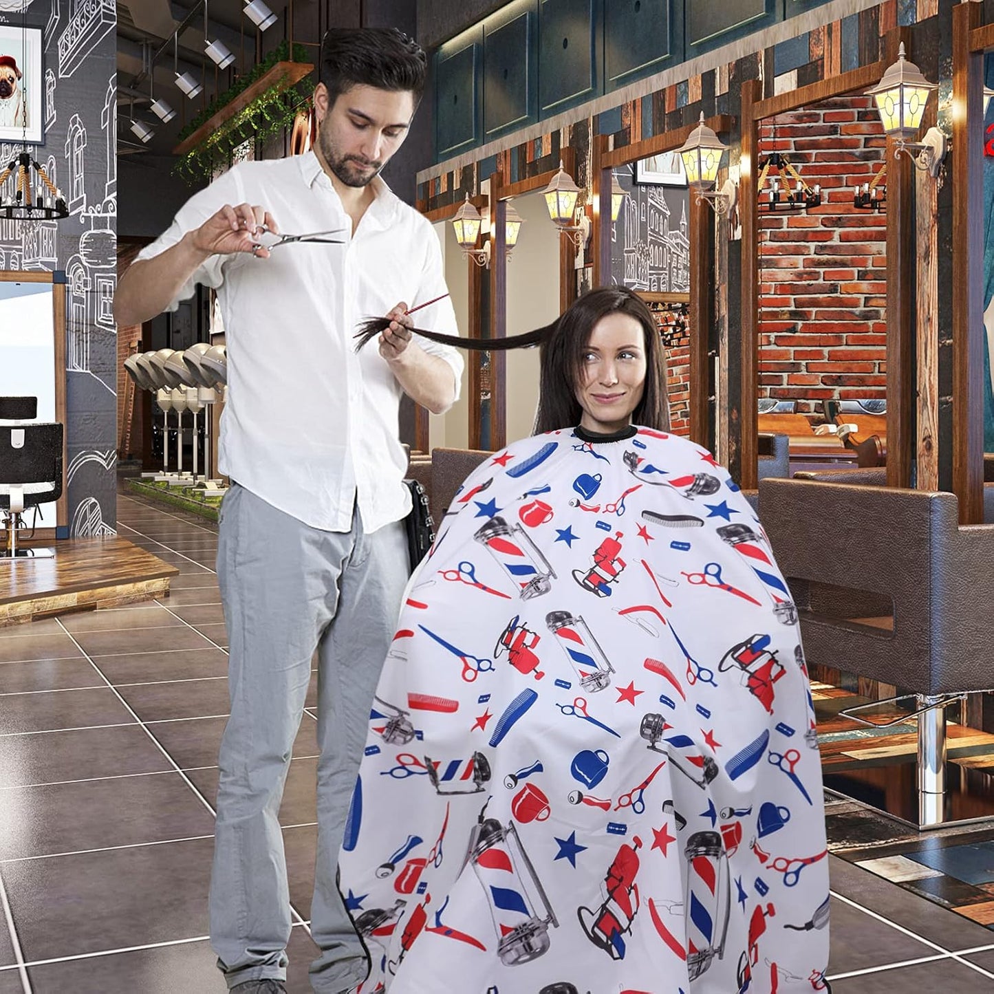 Skiennix Professional Hair Cutting Cape - Large Size Salon Cape with Neck Duster Brush | White with Colorful Pattern