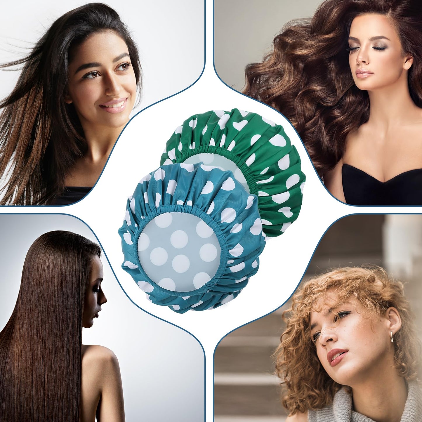 WSICSE 2 Packs Large Shower Caps for Women, Reusable Waterproof Shower Cap Bath Caps with Hair Scrunchies for Long Thick Hair (Blue/Green)