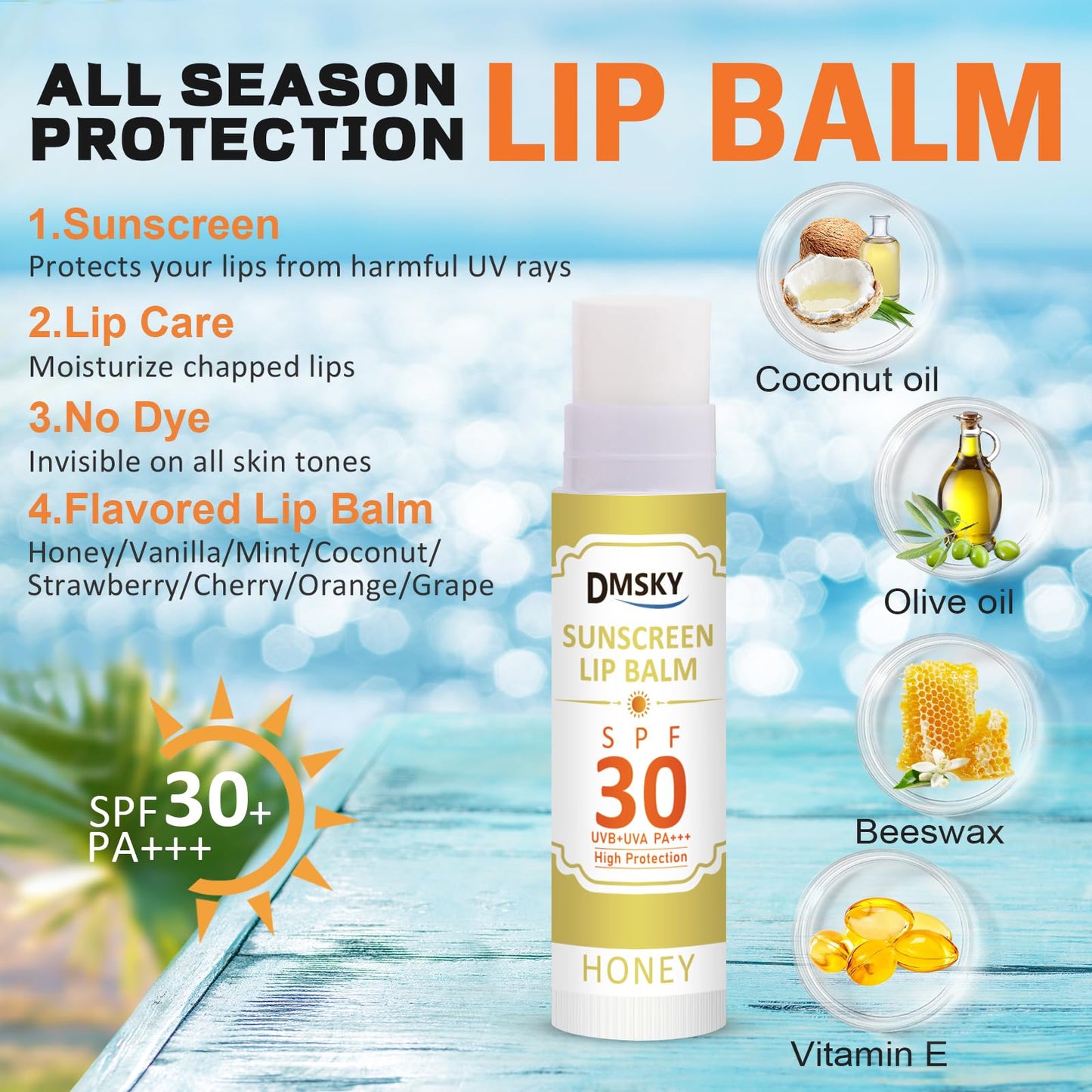 DMSKY SPF 30 Lip Balm 8 Pack, Clear Lip Sunscreen No White Cast, Broad Spectrum Sunblock for Lips with Vitamin E & Coconut Oil - Beach Essentials & Travel Size