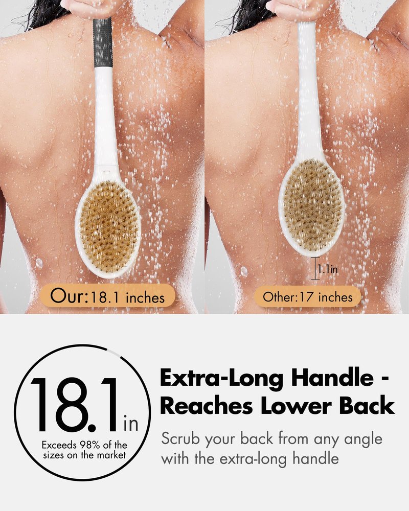Back Scrubber Body Shower Brush: Anti Slip Long Handle Bath Brush with Stiff and Soft Bristles - Showering Exfoliator Wet or Dry Brushing for Women, Men, Elderly (Mint Green)