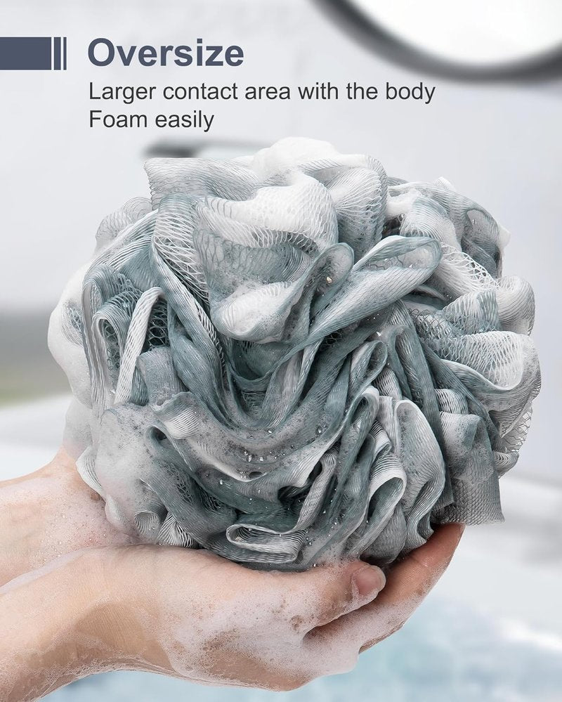 MTDLYICE Loofah Sponge - XXL Large Soft Mesh Bath Pouf | 100g 4 Pack for Men - Blue Gray Body Scrub