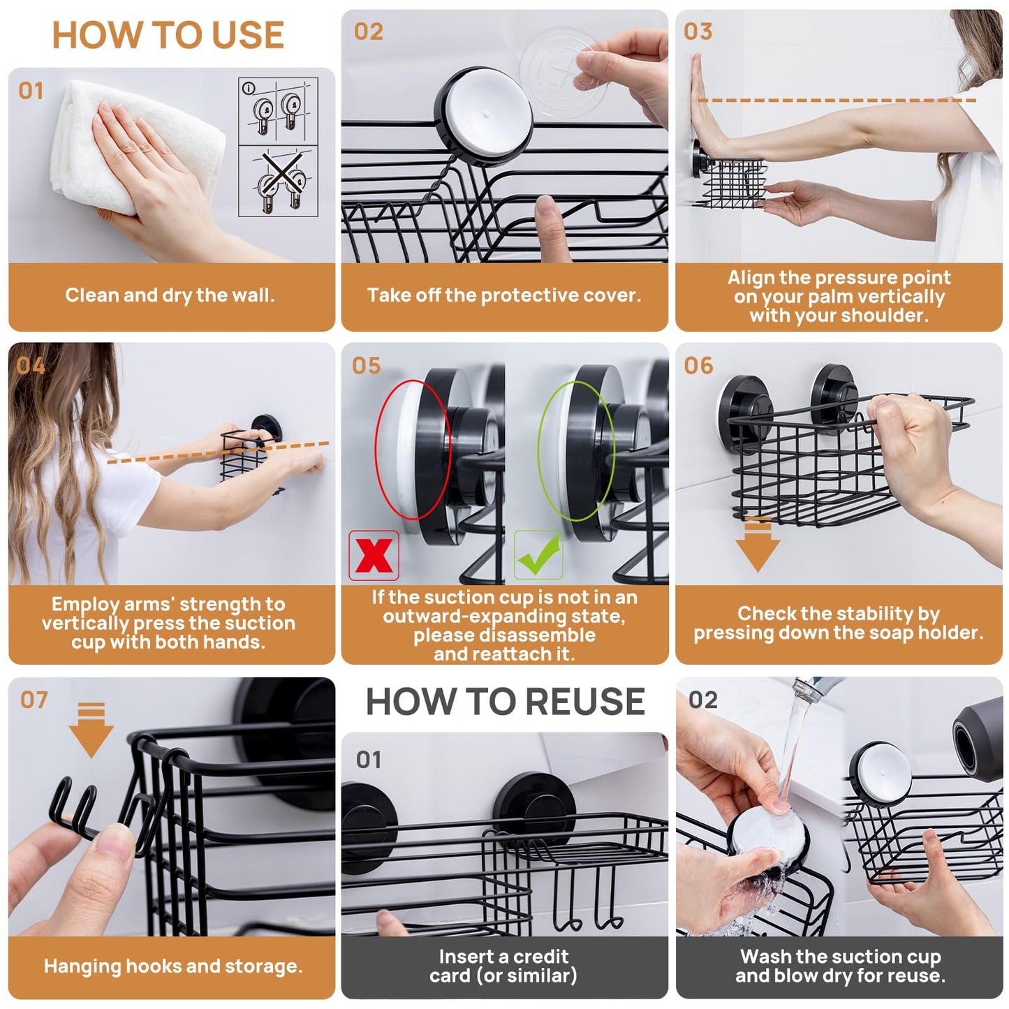 LEVERLOC Shower Caddy Suction Cup, 3 Pack Heavy Duty Bathroom Organizer for Inside Shower with Hooks & Soap Holder, Removable Bathroom Organizer, Rustproof Black Holder Storage