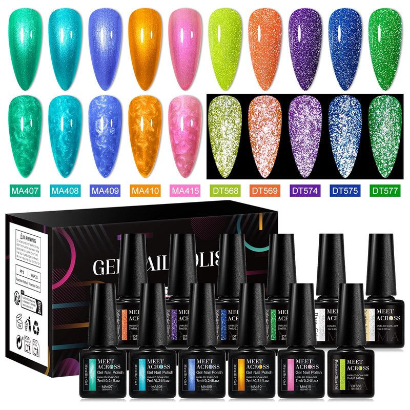 MEET ACROSS 12Pcs Gel Nail Polish Set 10 Colors Metallic Gel Polish + Reflective Glitter Neon Gel Polish, Soak Off Uv Led Nail Polish Kit with Base Top Coat Nail Gift for Her