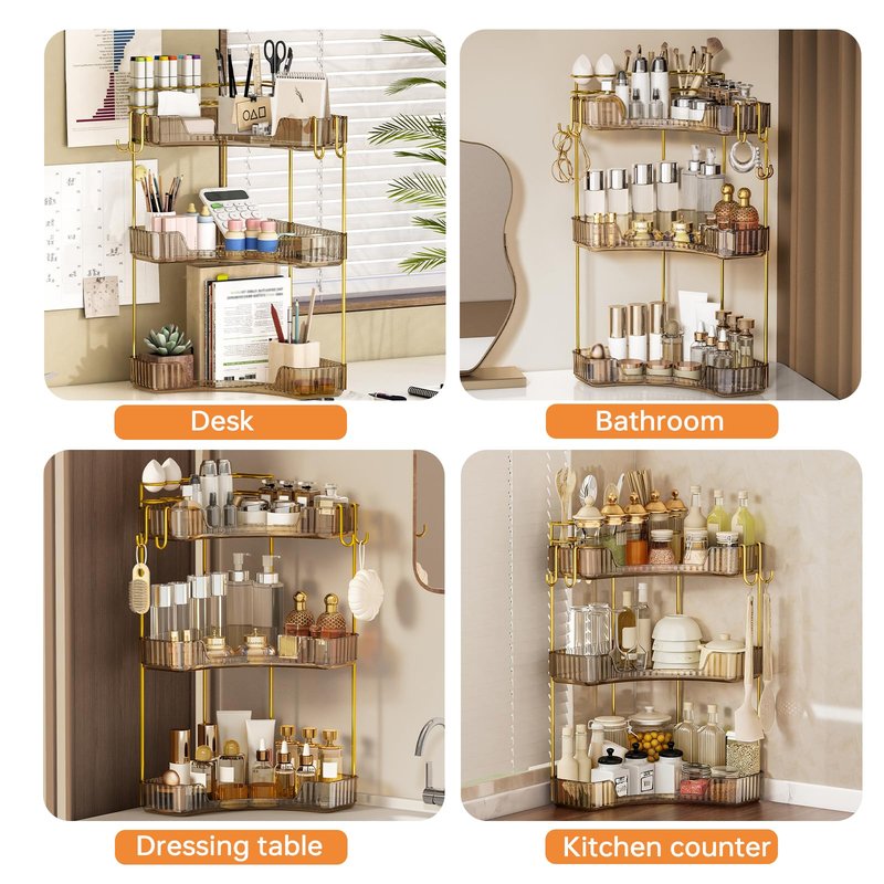 Greenby 3-Tier Corner Bathroom Counter Organizer，Makeup & Skincare Shelf with Built-in Brush Holder，Space-Saving Bathroom Countertop Organizer for Skincare, Perfume, Cosmetics(Amber)