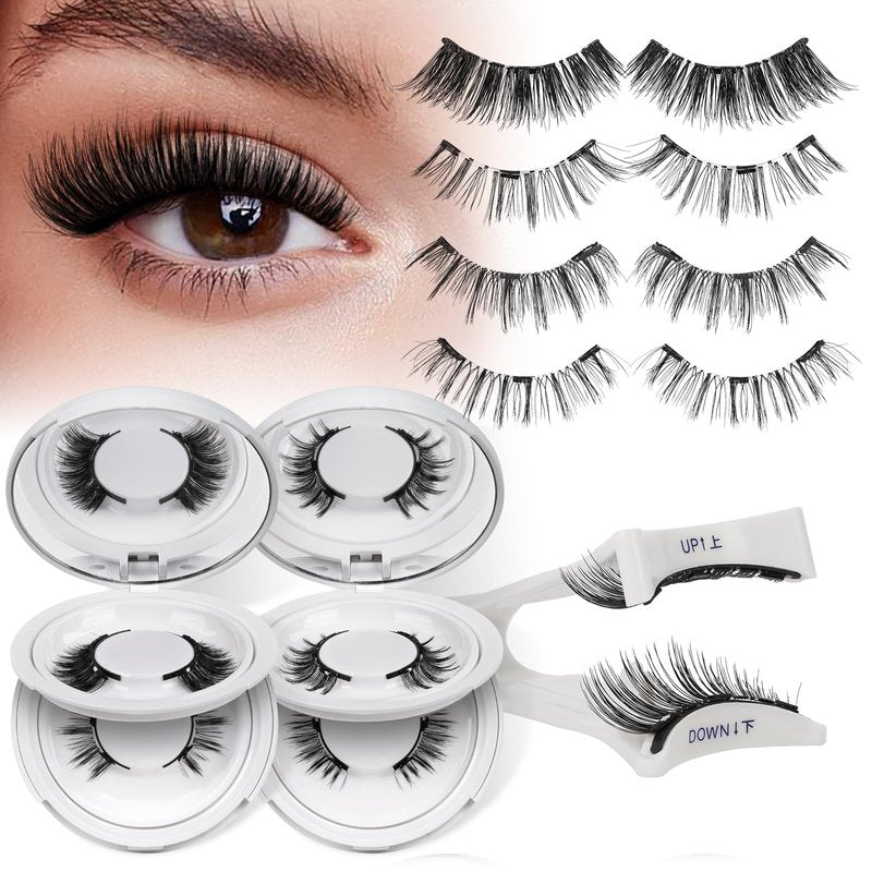QUEWEL Magnetic Eyelashes 4 Pair Reusable Magnetic Eyelashes with Applicator No Glue Needed Eyelashes Natural Look Lash Clusters Kit Easy to Wear and Remove(4 Pairs-B08)