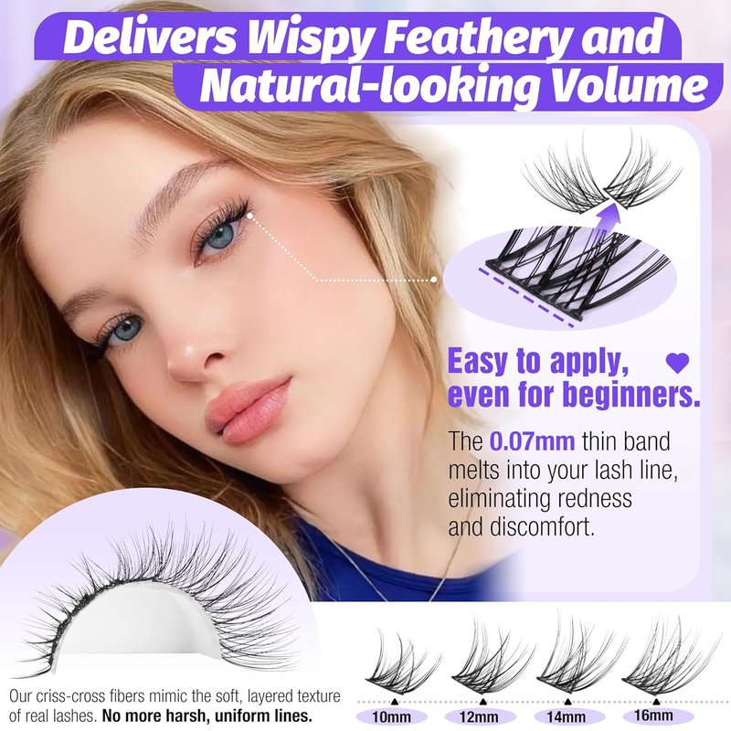 Lanflower Natural Lash Clusters Kit - Waterproof Wispy Eyelash Extensions | 144pcs, 10-16mm Sizes