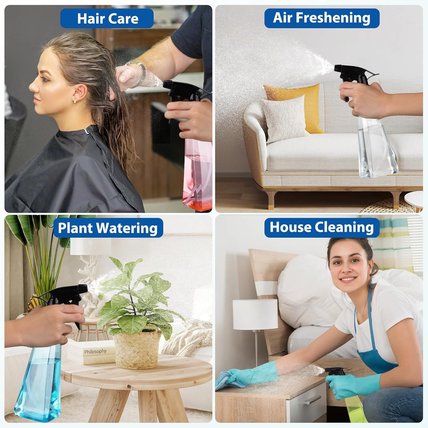 Skiennix Spray Bottles - 12 Oz. Leak-Proof Plastic Mist/Stream Bottles for Hair, Plants & Cleaning | 2-Pack