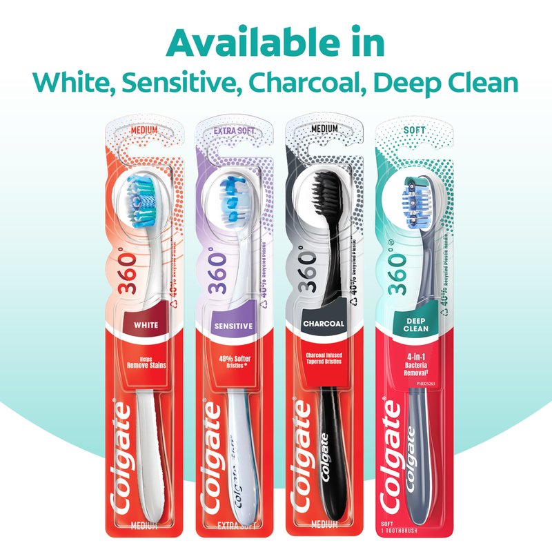 Colgate 360 Whole Mouth Toothbrush, Adult Toothbrushes Medium Bristles, Helps Remove Bad Breath Bacteria and Plaque, Medium Toothbrush Pack, Includes Cheek and Tongue Cleaner, 4 Pack