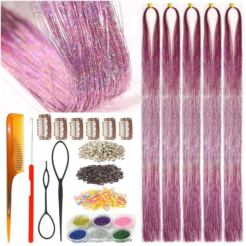 Celinebella Bubblegum Pink Glitter Hair Extensions - 48 Inch Heat-Resistant Strands for Prom & Events
