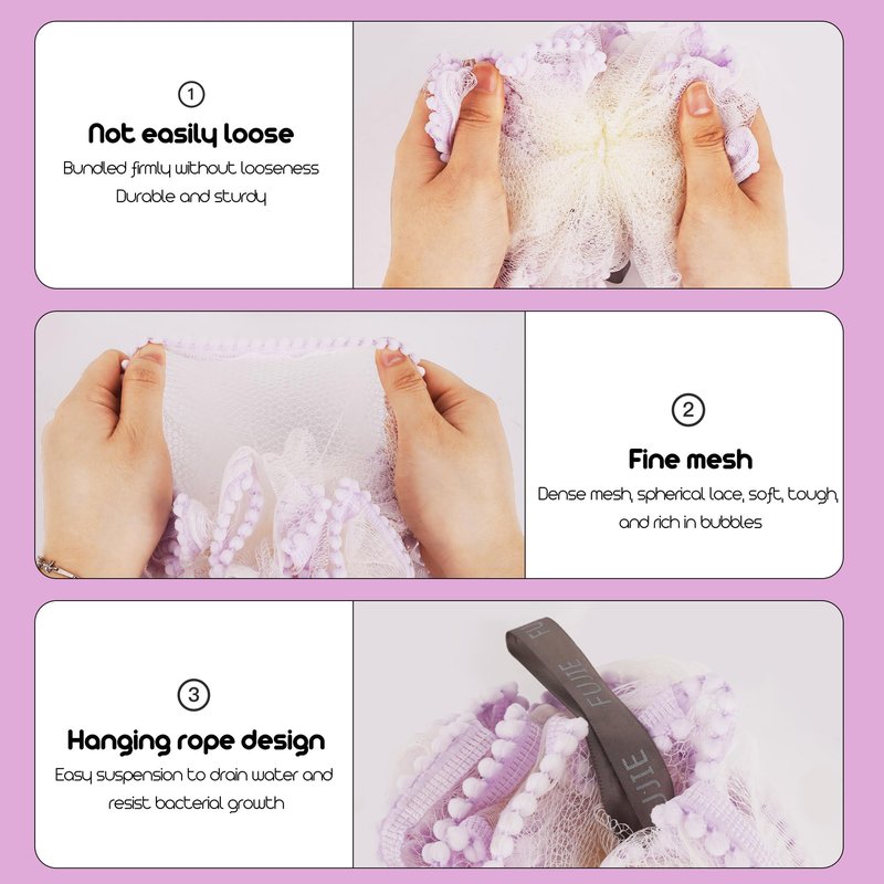 Biiange Loofah, Shower Bath Spong, Soft Shower Loofahs Balls, Globose lace Shower Ball, for Body Wash Scrubber Cleaning Loofah Bathroom Accessories (2Pcs) (Purple)