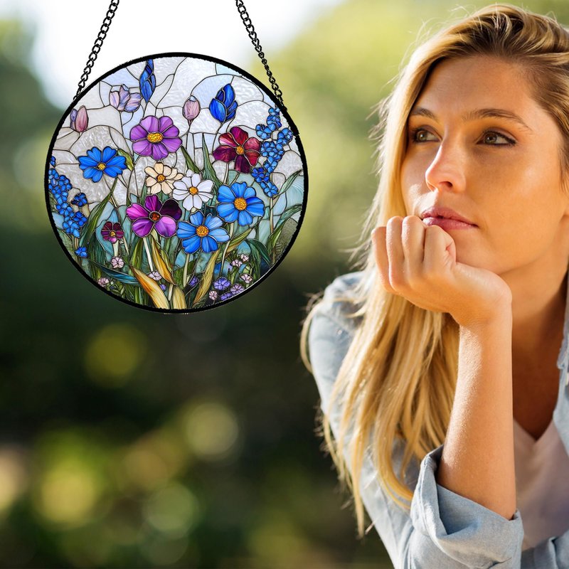 GEFOS Stained Glass Window Hanging Blue Purple Wildflowers 9.8" - Suncatcher Door Garden Sunroom Sun Catcher Home Decor Birthday Christmas for Mom Men Woman Nana Friend