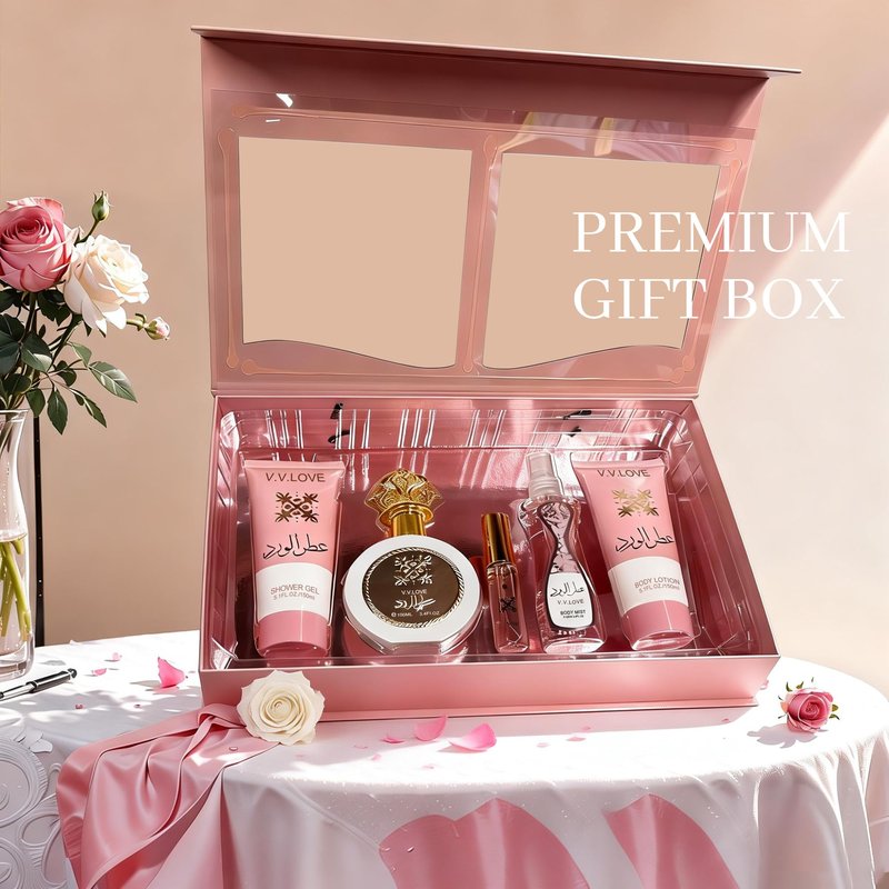 A CENTER Faruk Pink 5PCS Luxury Perfume Gift Set for Women Eau de Parfum Spray3.4&0.5FL OZ with Shower Gel &Body Lotion (150ml Each& Mist 100ml- Premium Fragrance Collection Daily Use