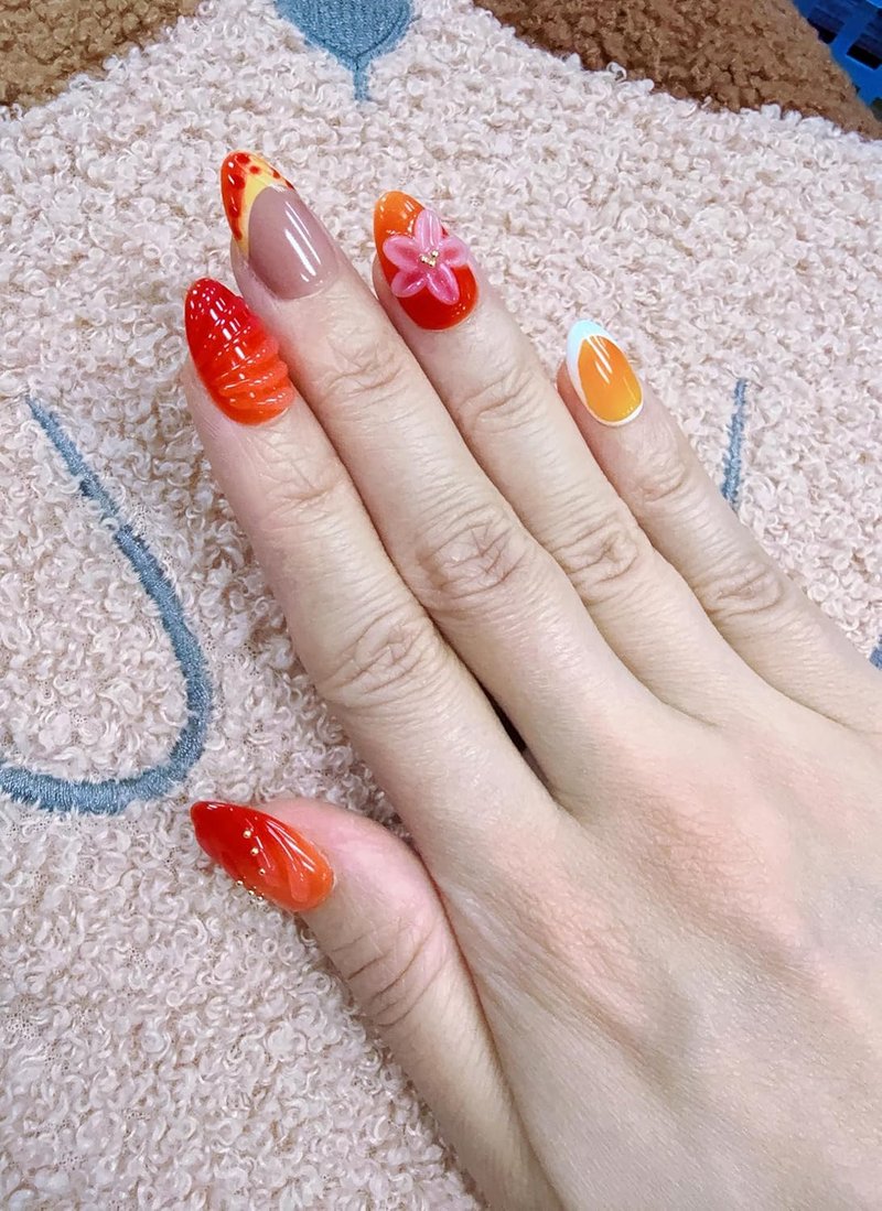 10 Short Almond Handmade Press On Nails | 3D Floral Gradient Color with Cute Starfish & Seashell,New styles for Autumn & Winter | Skip Salon Trips, Easy to Apply & Remove, Reusable(25106, XS)