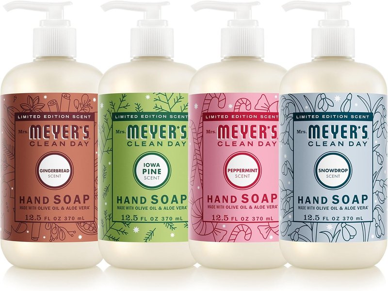 Mrs. Meyer's Holiday Hand Soap Set - Peppermint, Iowa Pine, Snowdrop & Gingerbread Scents | 4-Pack