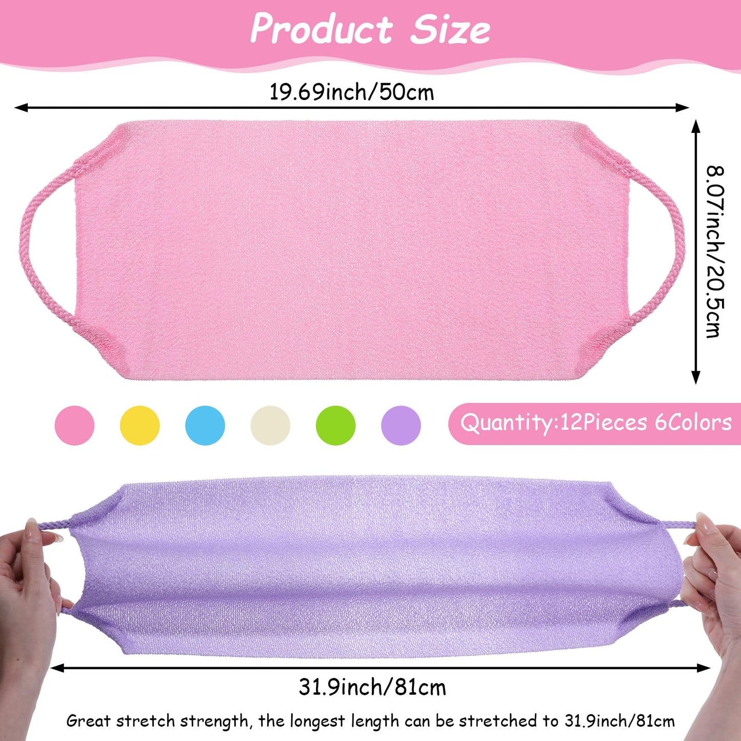 12 Pcs Exfoliating Back Scrubber for Shower with Handles Nylon Back Exfoliator Washers Stretchable Pull Strap Exfoliating Loofah Washcloth for Women Men Body Deep Cleaning Massages