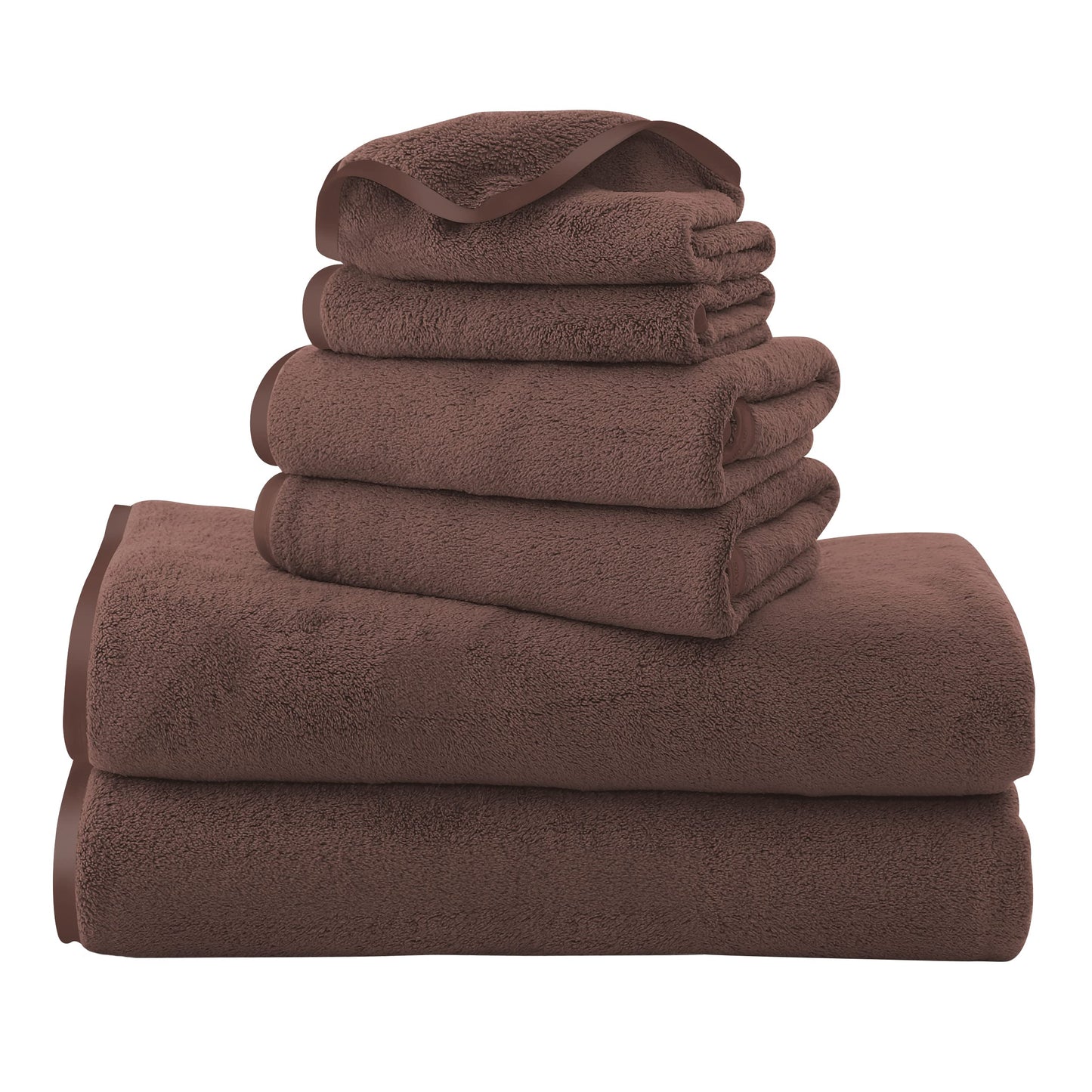 TENSTARS Luxury Silk Hemming Towel Set - Light Thin Quick Drying - 2 Bath Towels 2 Hand Towels 2 Washcloths - Ultra Soft Microfiber Towel for Bath Fitness, Sports, Yoga, Travel (Wood Brown 6 Pieces)