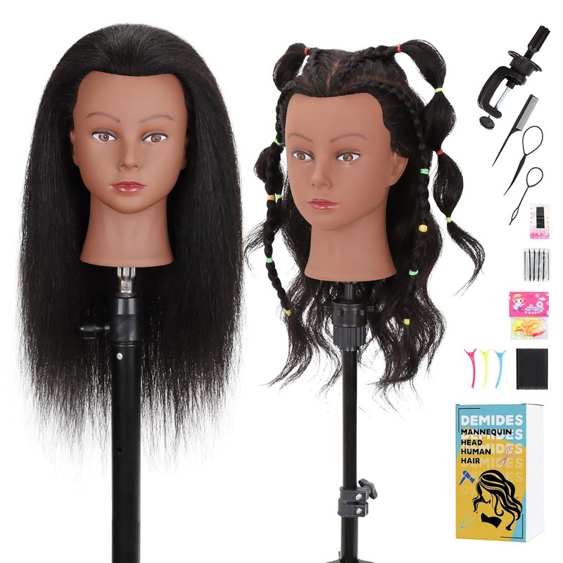 Mannequin Head 100% Real Human Hair 16", Mannequin Head Human Hair Cosmetology Doll Head for Hair Styling, Manikin Head for Braiding with Clamp Holder（Black）