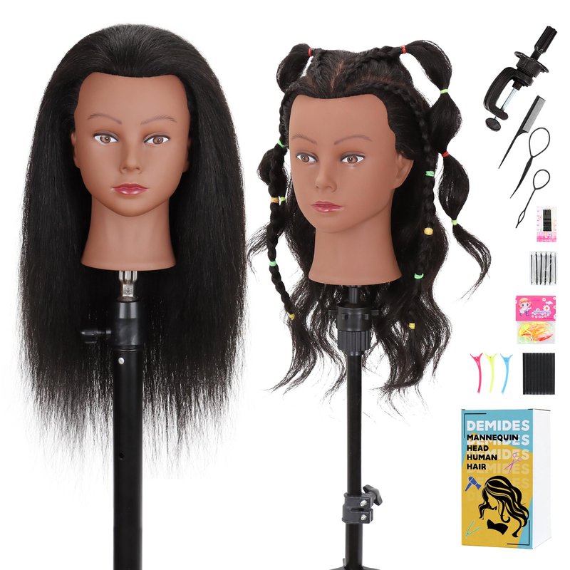 Mannequin Head 100% Real Human Hair 16", Mannequin Head Human Hair Cosmetology Doll Head for Hair Styling, Manikin Head for Braiding with Clamp Holder（Black）