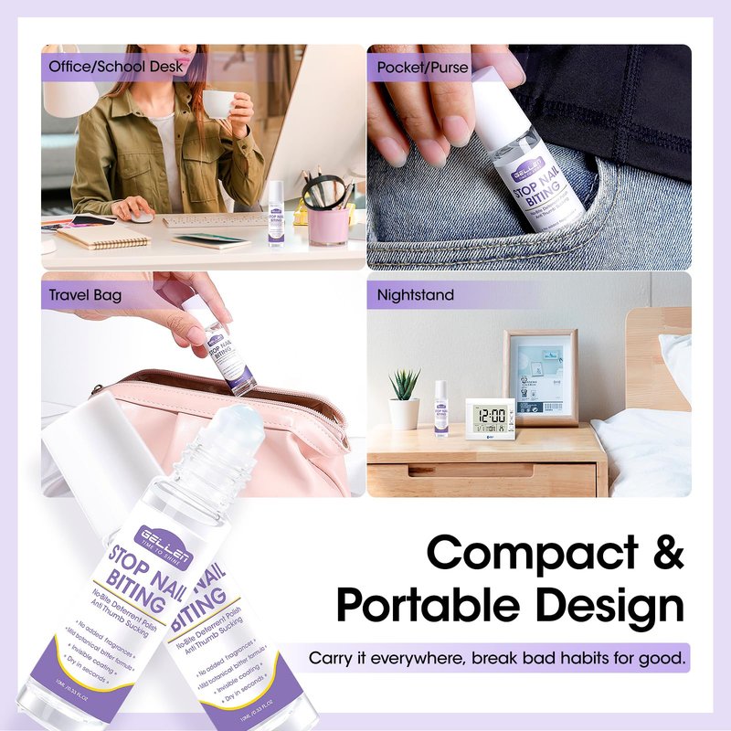 Gellen Nail Biting Prevention for Kids & Adults, Roll-On Nail Biting Treatment, Bitter Taste Thumb Sucking Deterrent, Quick-Dry No Bite Nail Polish, Nail Care to Help Stop Finger Biting & Nail Repair