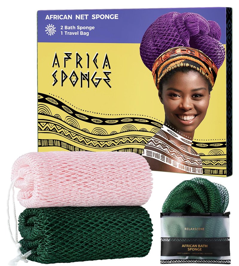 Afro Scrubber African Net Sponge - 2 Pieces Authentic African Wash Cloths - Exfoliating Body Sponges for Showering Forest & BabyPink - Back Scrub Exfoliator Shower Loofah for Body Bath Accessories