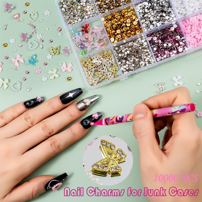 Nail Charms & Gems Kit - 10,000 Pcs Pink Bow, Heart & 3D Flower Charms | Gold Butterfly & Rhinestones for Nail Art