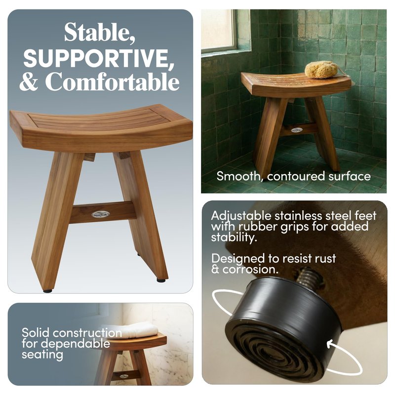 AquaTeak The Original 18" Asia Teak Shower Bench - Shower Stool for Bathroom - Durable Water Resistant Shower Chair - Shaving Foot Rest - Indoor & Outdoor Use