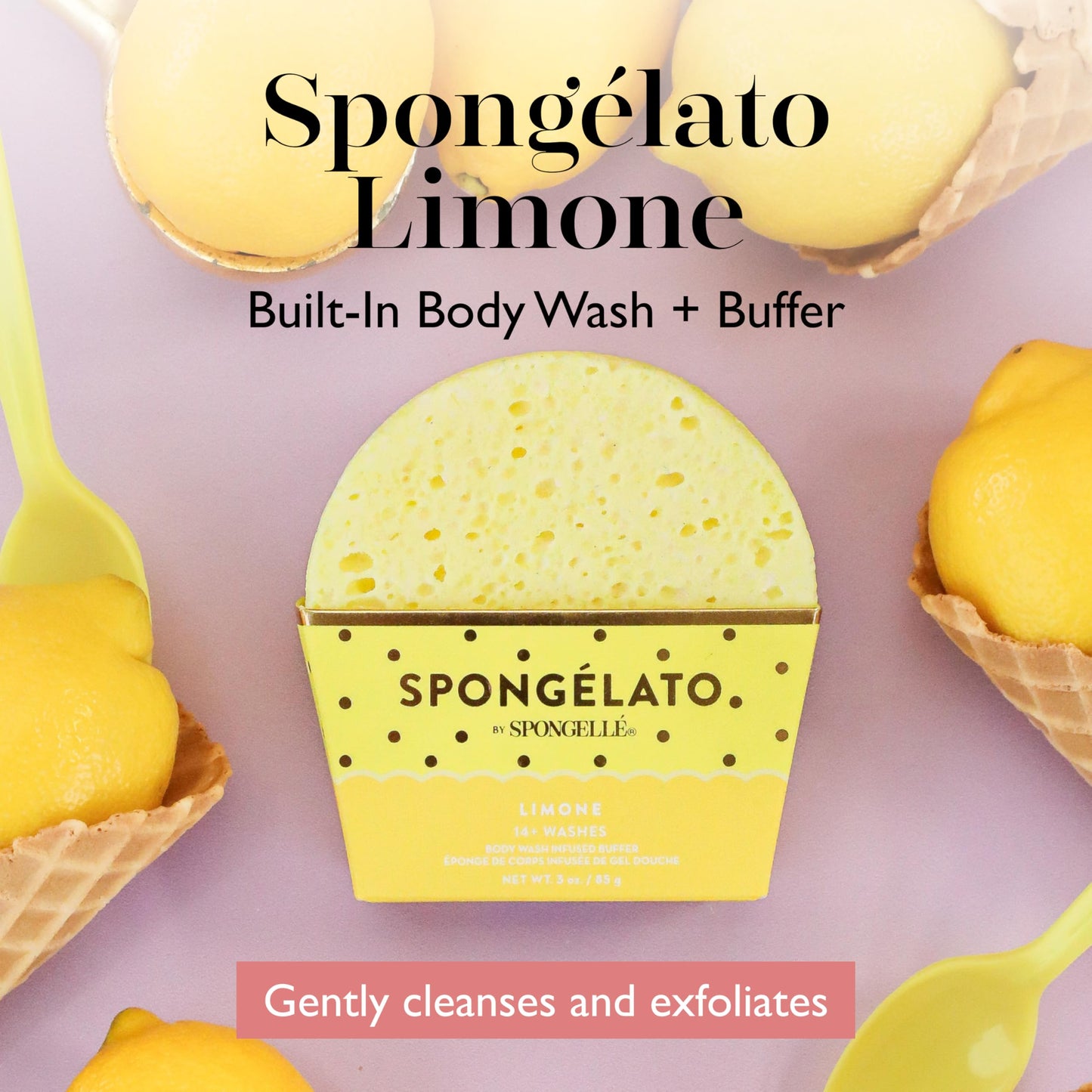 Spongellé Limone (Lemon) Spongélato Bath Sponge | Built-In Body Wash & Body Scrubber, Shower Loofah Sponge for Women | 14+ uses