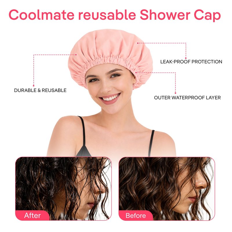 Coolmate Reusable Shower Cap for Women – Waterproof Shower Cap for Long or Thick Hair, Large Comfortable Fit with Soft Elastic, Durable Hair Cap for Shower, Bath & Hair Protection (Pink, Pack of 1)