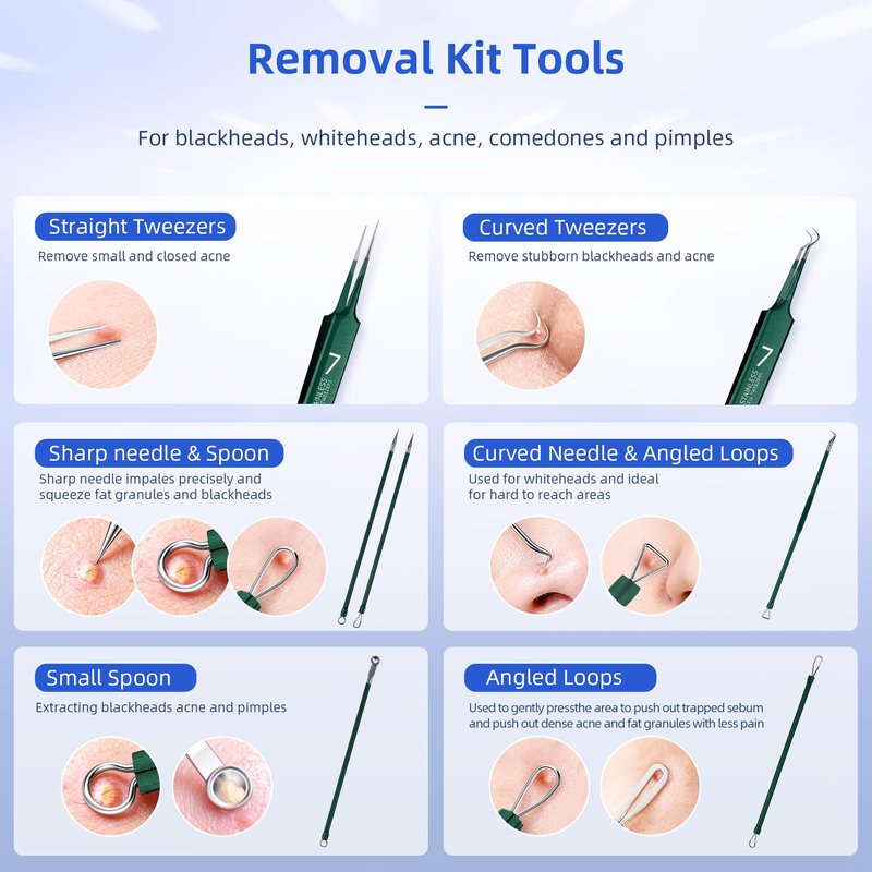 Pimple Popper Tool Kit - 7 Pcs Blackhead Remover Comedone Extractor Kit with Box for Quick and Easy Removal of Pimples, Blackheads, Zit Removing, Forehead,Facial and Nose (Green)