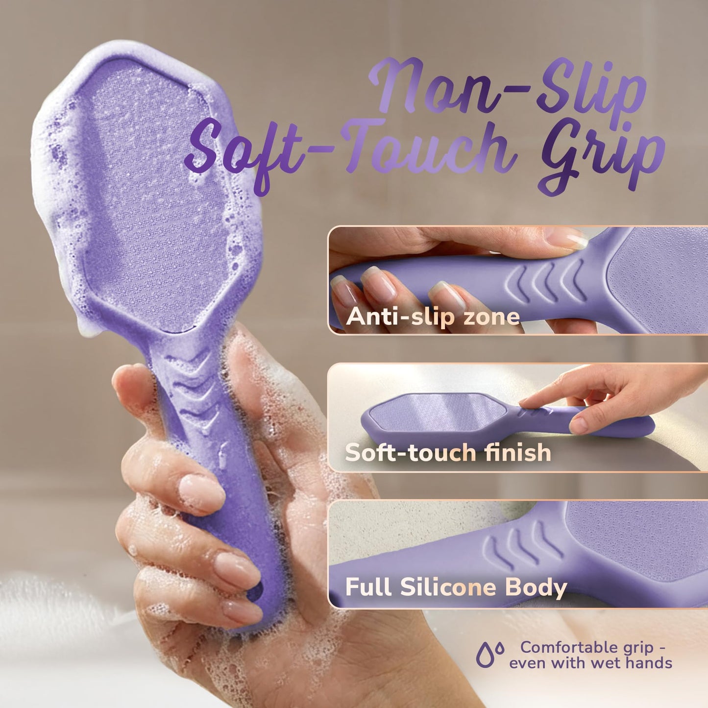 SILKLE Nano Glass Foot File - Silicone Foot Callus Remover for Feet and Cracked Heels - Heel Scraper for Dead Skin - Ergonomic Foot Scrubber & Exfoliator for Shower with Non-Slip Grip - Purple