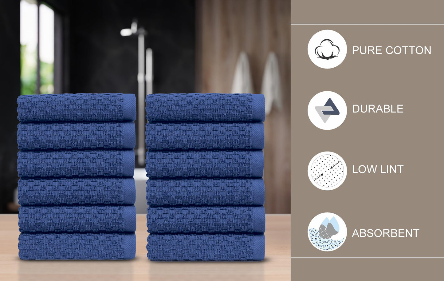 COTTON CRAFT Euro Spa Waffle Wash Cloth - Set of 12 Luxury Pure Ringspun Cotton Waffle Weave Bathroom Face Towel - Everyday Absorbent Hotel Gym Shower Beach Kitchen Travel Dorm - 12x12 inches - Blue