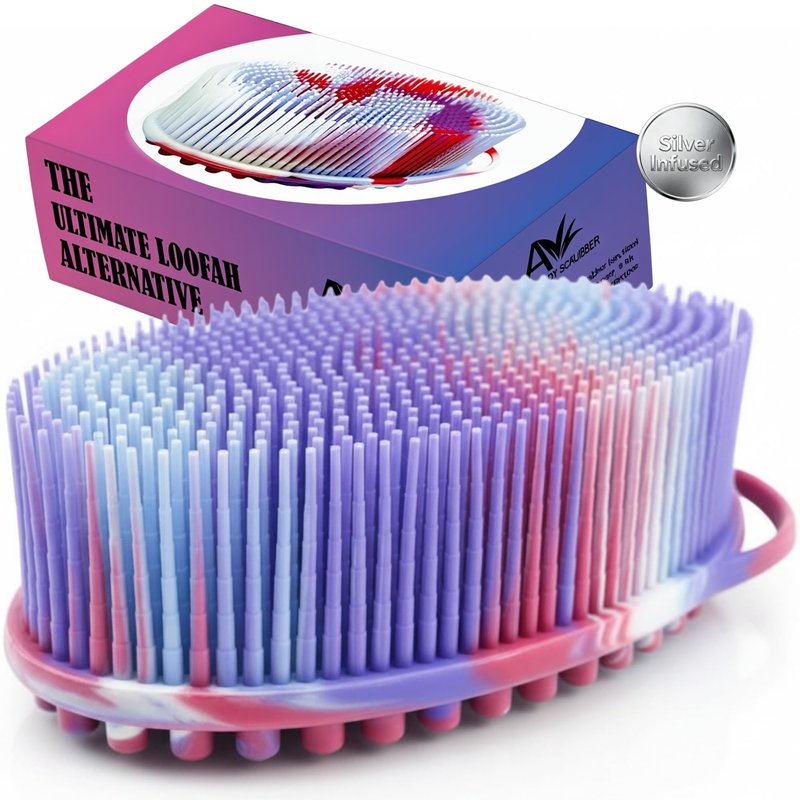 Avilana Silver Edition Body Scrubber - Silver-Ion Infused Silicone Shower Brush, ISO Tested Dual Sided, Stays Fresher Longer, SGS Certified Gentle Exfoliating Loofah Alternative Sensitive Skin Women