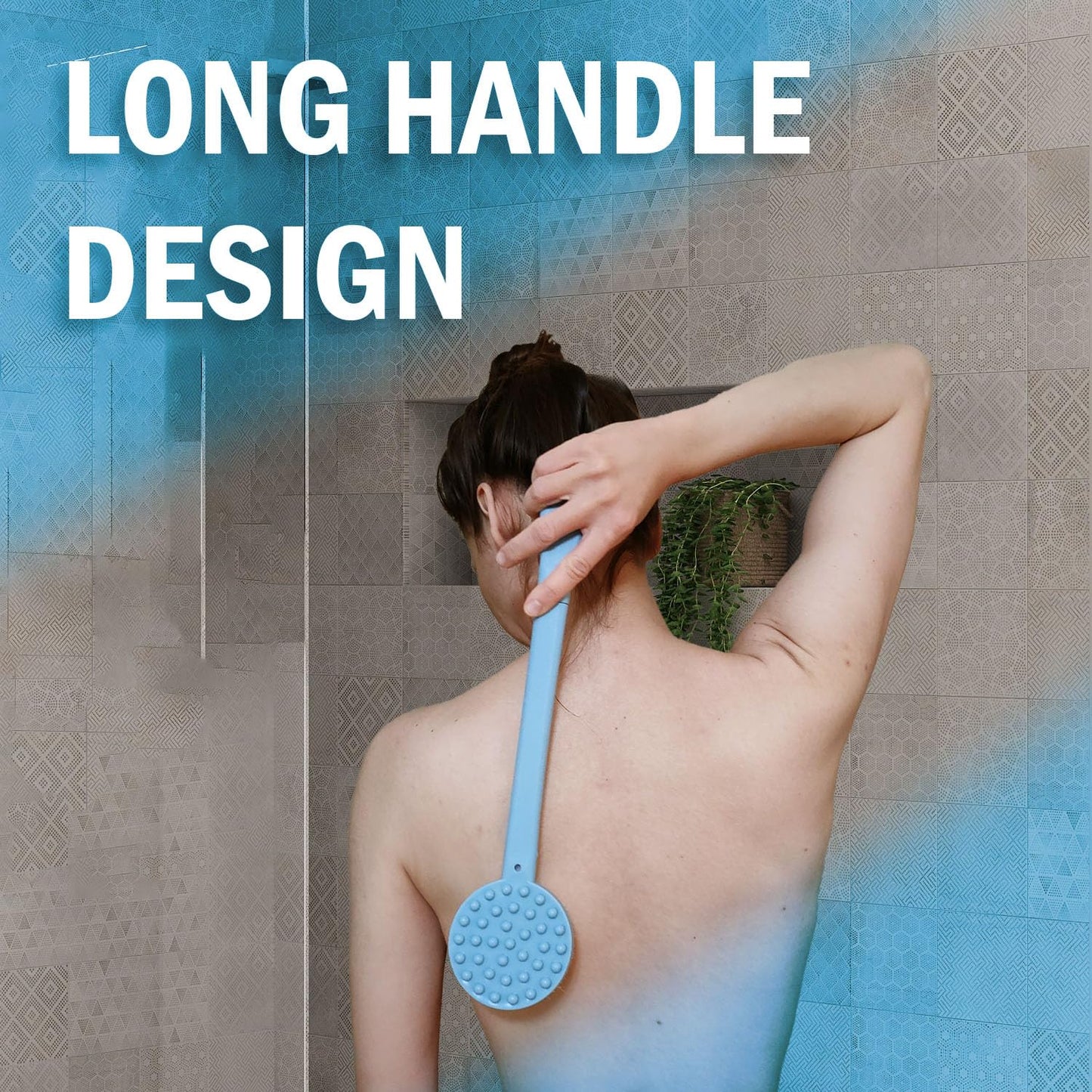 Bath Body Brush 15" Long Handle Back Shower Brush Exfoliating Back, Body and Feet Scrubber (Blue)