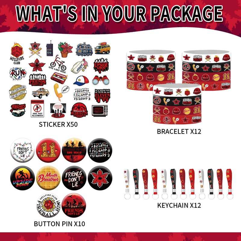 84Pcs Stranger Brithday Party Decorations Red and Black Theme Party Supplies Include 12 Rubber Bracelets 12 Keychain Wristbands 10 Button Pins and 50 Horror Elemental Stickers for Brithday Decorations