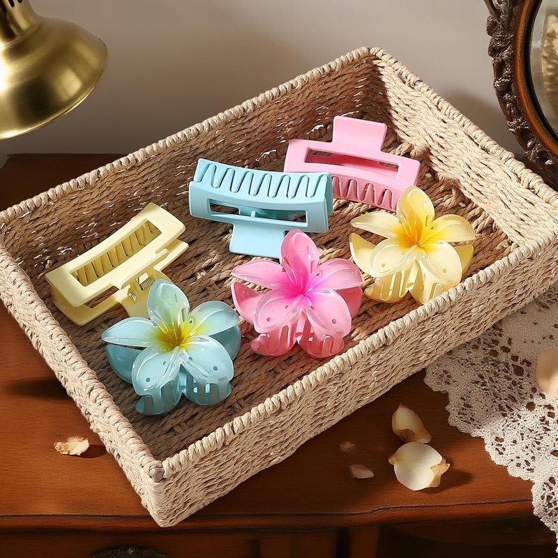 Flower Hair Clips - Square Claw Clips for Thick or Thin Hair | 6 PCS Hawaiian Hibiscus & Plumeria Set (Pink)