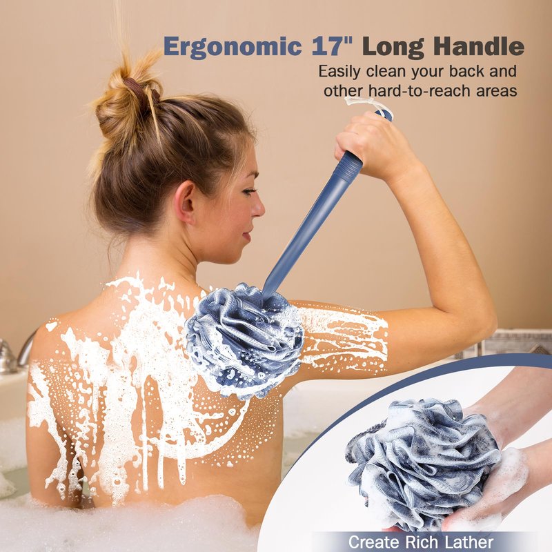 ROLIZOE Loofah With Handle Back Scrubber for Shower, Non-Slip 17" Plastic Handle, Hand Shower & Loofah on a Stick Sponge Set, Deep Blue With White Edge