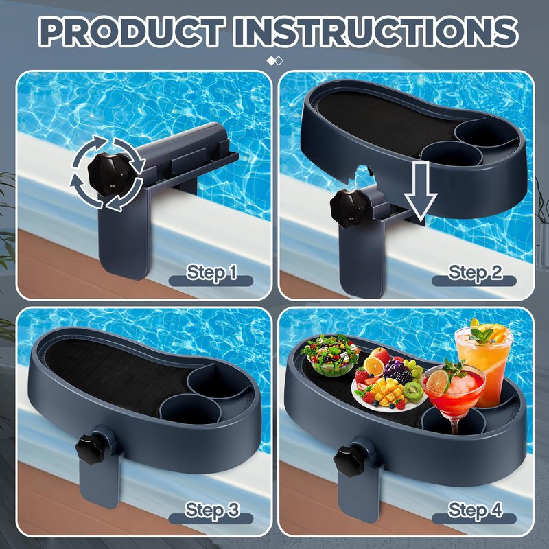 Geelin 2 Pcs Hot Tub Table Tray, Adjustable Aboveground Bathtub Tray with 2 Cup Holder, Between 2'' to 7.5'' Nonslip Hot Tub Accessories Shelf Drinks Snacks Phone Holder for Spa Bathtub (Dark Gray)