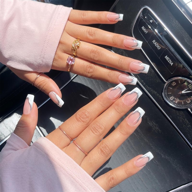 BTArtbox Press On Nails Short - Ice Veil, 3D Silver Lines White French Tip Square Press On Nails with Glue and Adhesive Tabs for Women in 16 Sizes - 32 Soft Gel Glue On Nails Kit