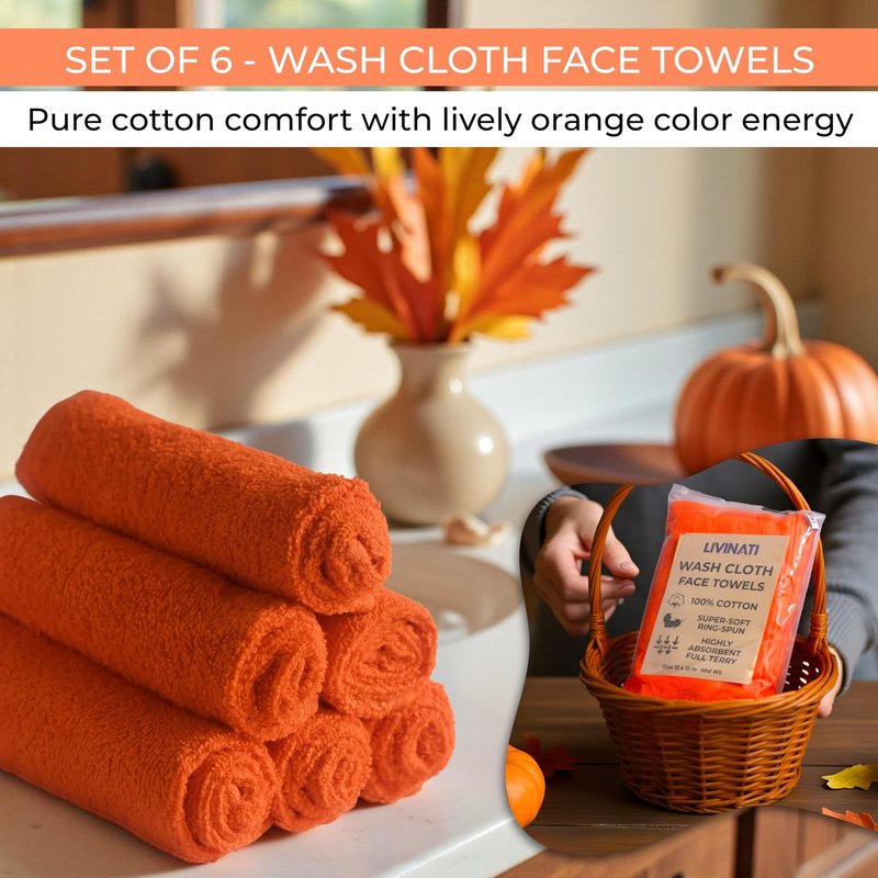 LIVINATI Orange 100% Cotton Wash Cloths for Showering Body and Face - 12"X12" 6 Pack Washcloths - Small Terry Towel Bath Rags for Adults and Kids Bathroom - Soft Absorbent