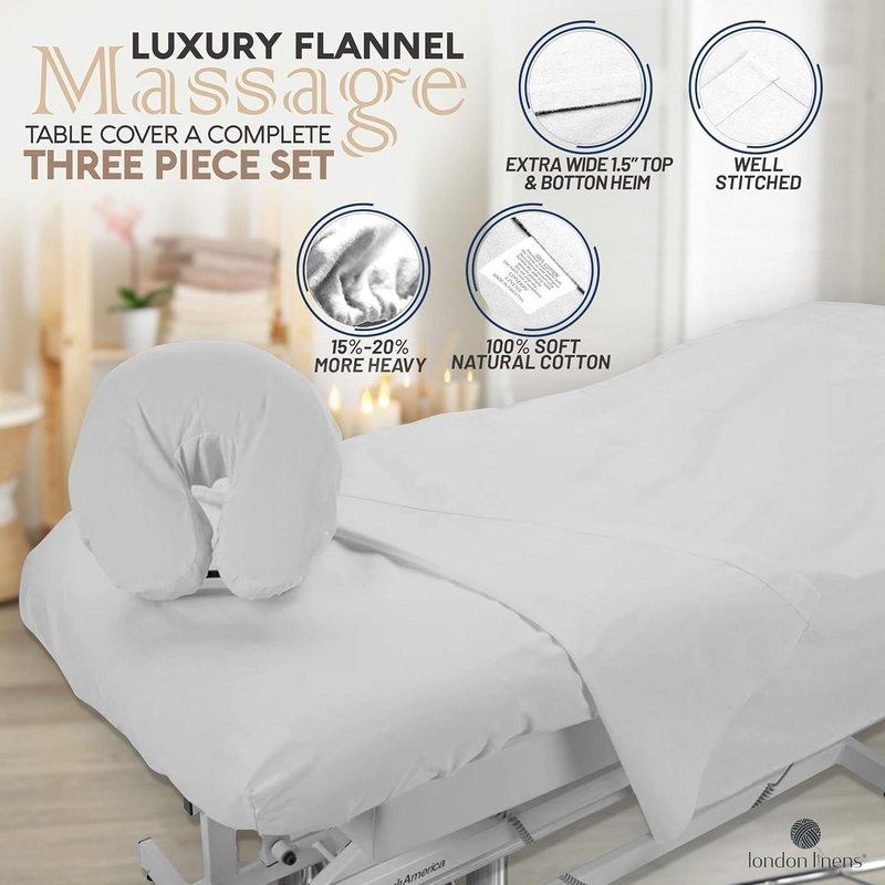 London Linens Extra Thick Massage Table Sheets Set - 100% Natural Cotton Flannel | White 3-Piece Set