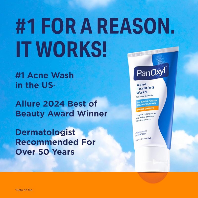 PanOxyl Acne Foaming Wash - Maximum Strength 10% Benzoyl Peroxide for Face & Body, 3 oz Travel Size