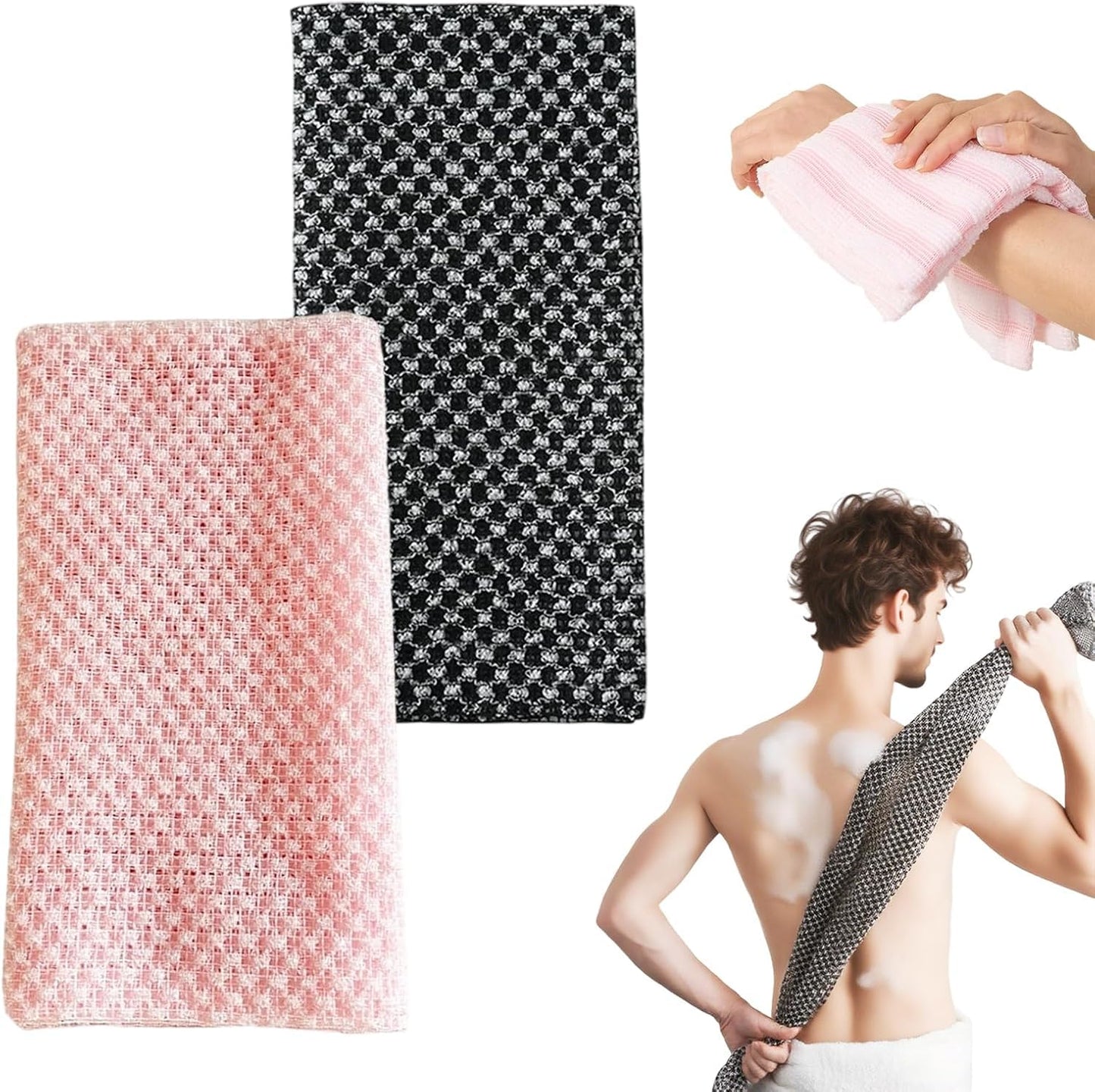 Cecurpo Exfoliating Shower Towel 42in, 2026 Upgraded Premium Scrub Wash Cloth for Body Face Rich Foaming, Soft Textured Exfoliating Bath Towel for Men and Woman (Black+Pink)