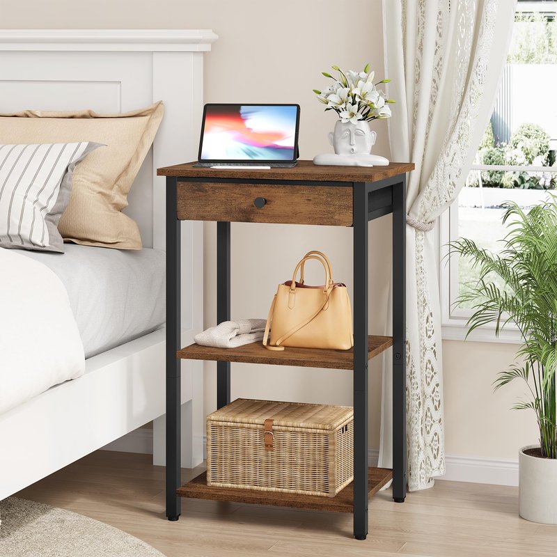 Gewudraw Printer Stand with Storage Drawer, 3-Tier Under Desk Printer Table, End Table for Home Office, Living Room, Bedroom, Brown