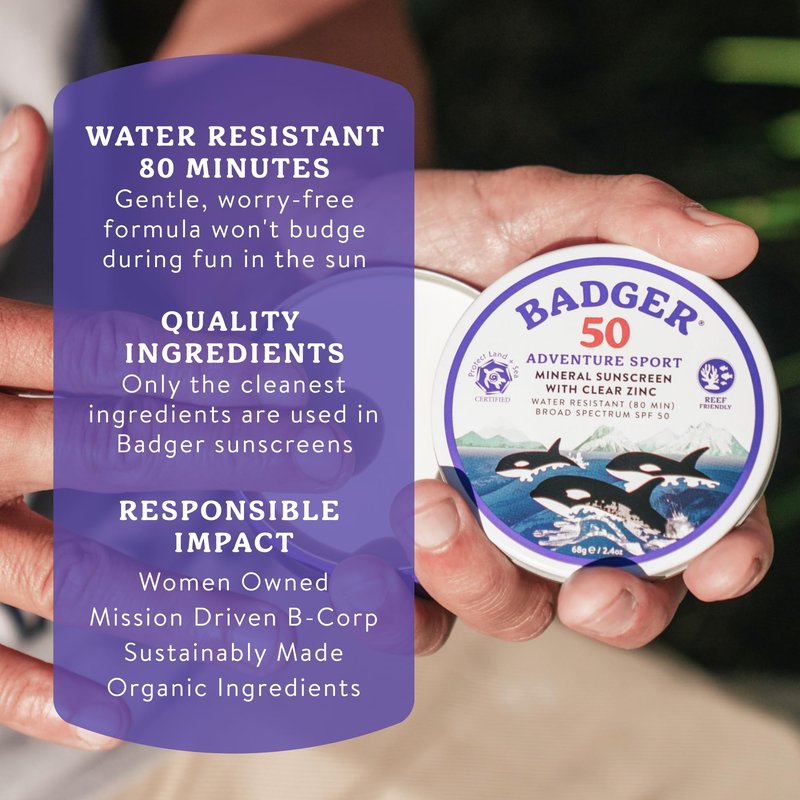 Badger Reef Safe Mineral Sunscreen, SPF 50, 98% Organic with Zinc Oxide, Non Toxic, Water Resistant, Unscented & Hypoallergenic, Broad - Spectrum, For Adventure, Travel & Sport, 2.4 oz Tin