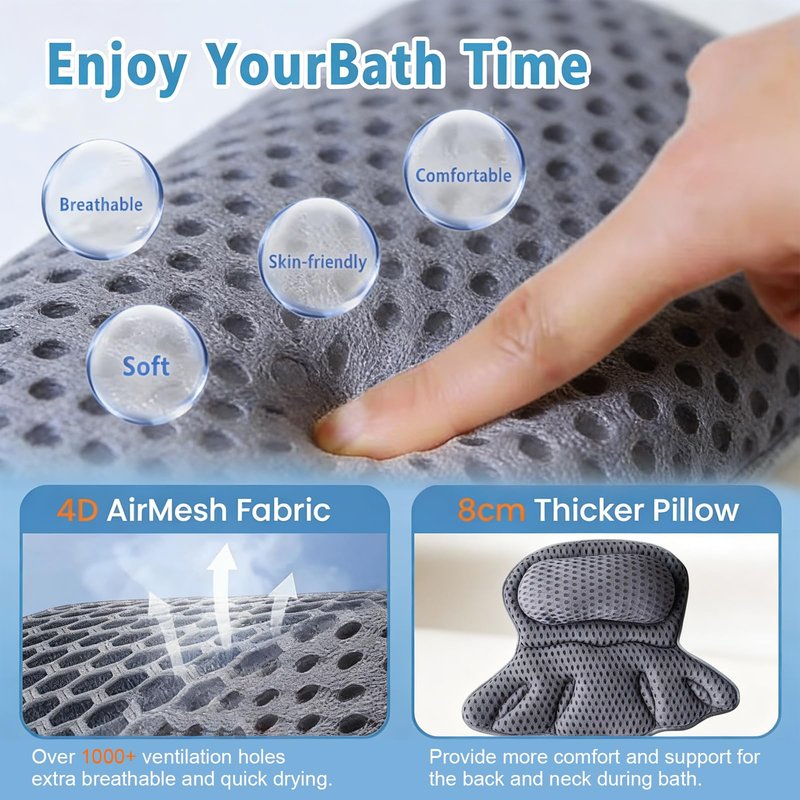 Luxury Bathtub Pillow, 4D Breathable Mesh Soft Bath Pillow with 6 Non-Slip Suction Cups, Ergonomic Head Neck and Back Support Bath Cushion, Comfortable Home SPA Bath Accessory, Ideal Gift for Women
