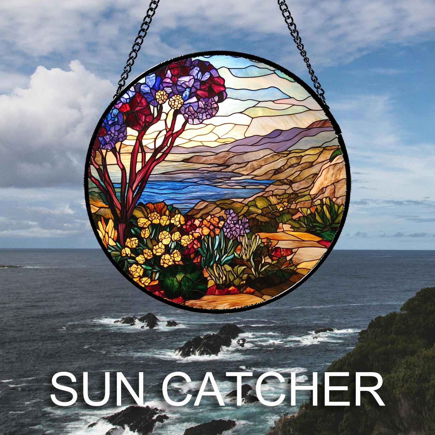 QZQCBLC Stained Glass Window Hanging Retro Wildflowers Lake Mountain Scenery 6.3" - Suncatcher Door Garden Sun Catcher Home Decor Birthday Christmas for Mom Men Woman Friend