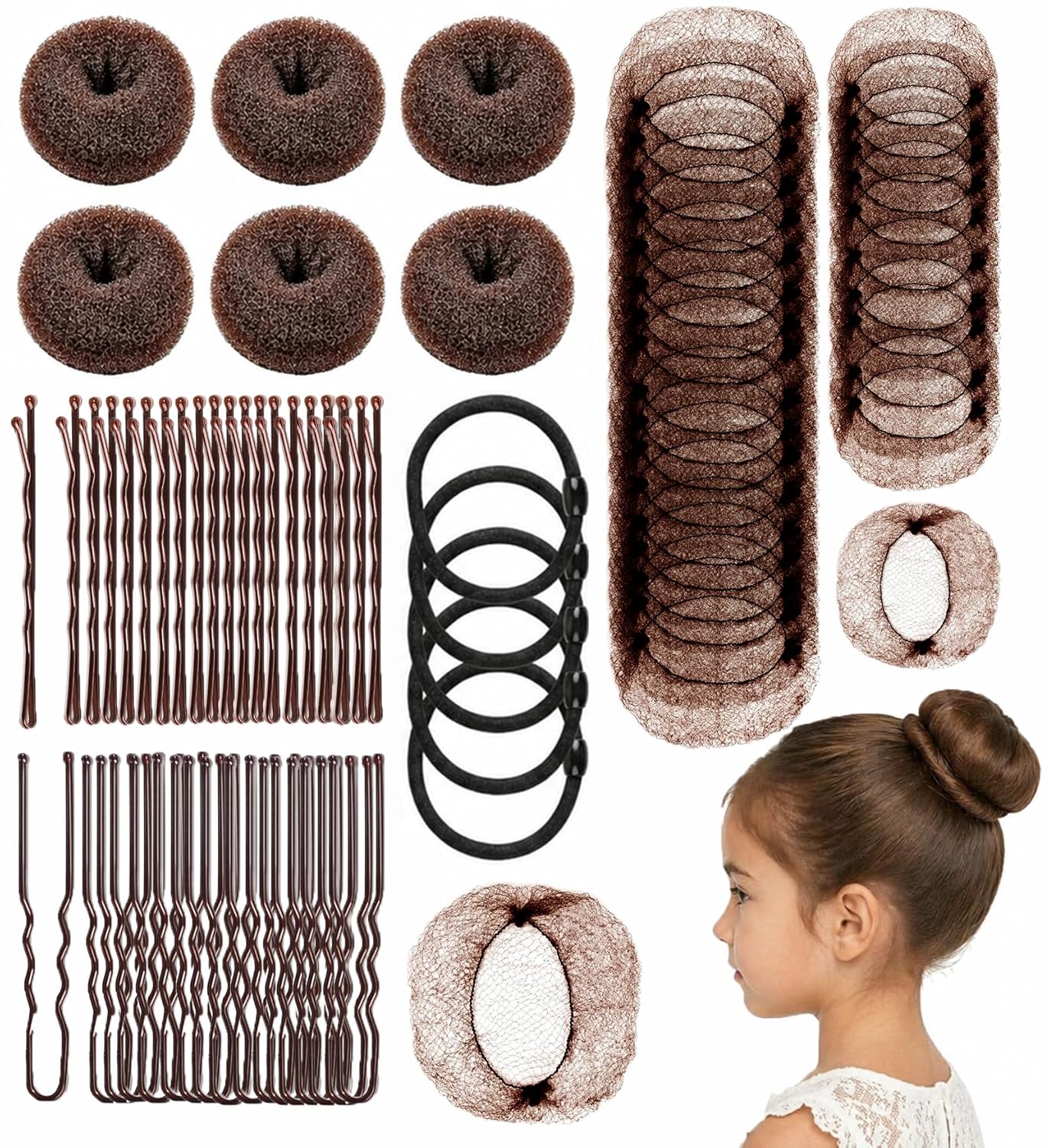 Small Hair Donut Bun Maker Set - 6 Donut Tools, 30 Hair Nets & 120 Bobby Pins for Perfect Buns